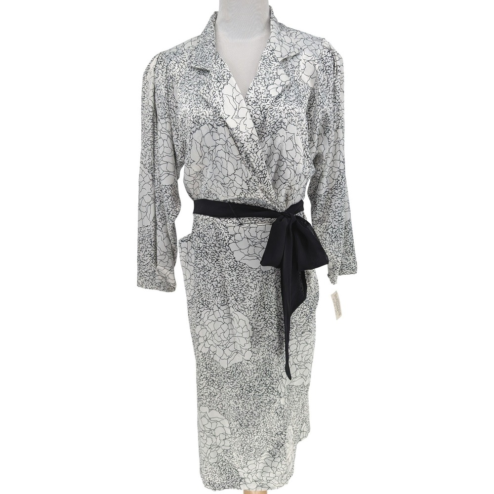 VTG 80s Taurus II Wrap Dress 14P White Black Abstract Floral Satin Retro Glam